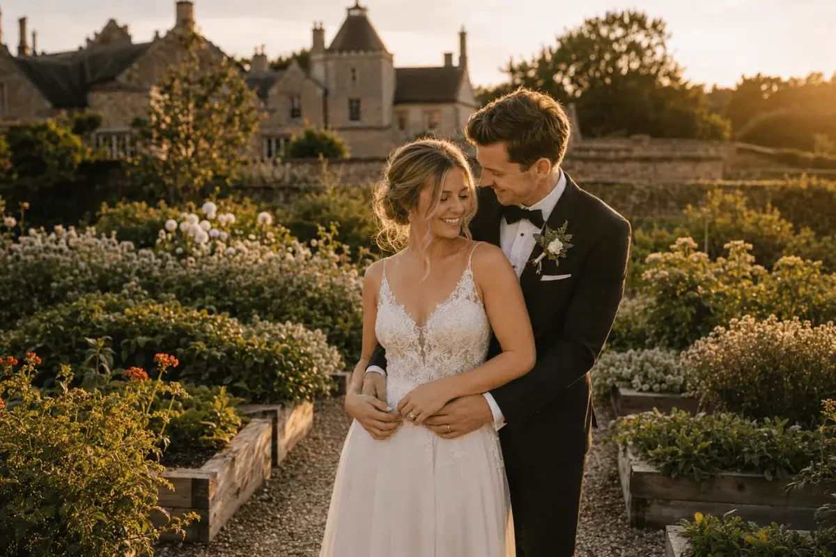 Amelia and James in the kitchen gardens, September wedding