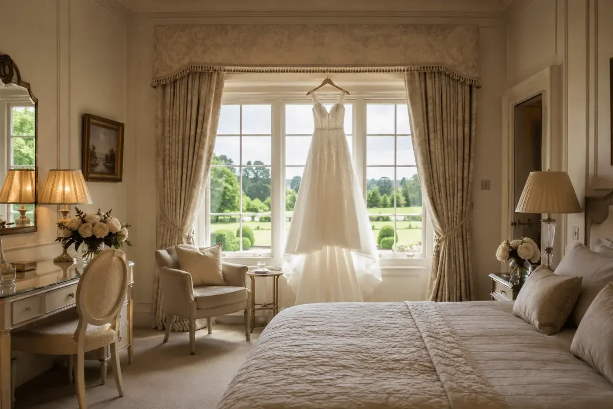 The Bridal Suite on a wedding morning, champagne flutes by the window