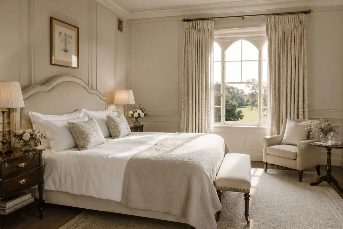 Guest bedroom with parkland views and warm tonal bedding