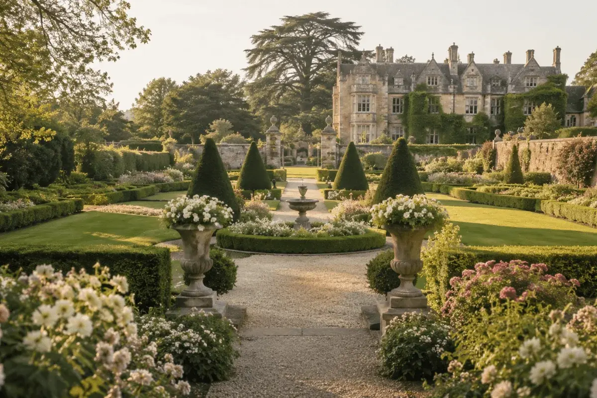 Formal gardens in full bloom with the house visible in the background