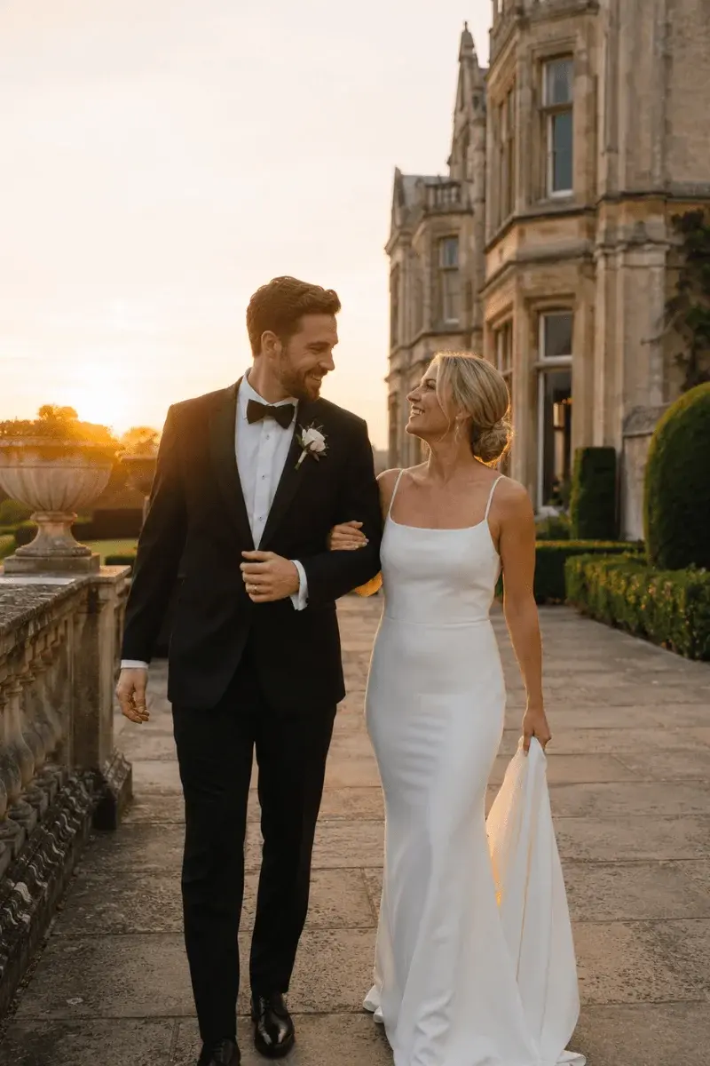 Couple portrait on the stone terrace overlooking the parkland