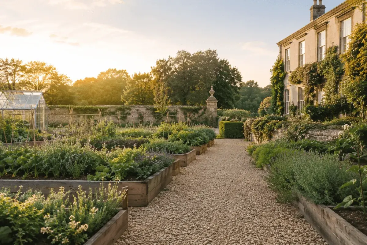 Kitchen garden path with soft afternoon light
