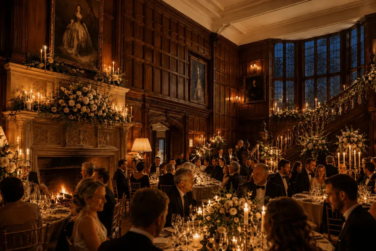 Evening reception with candles and string lights in The Manor Hall