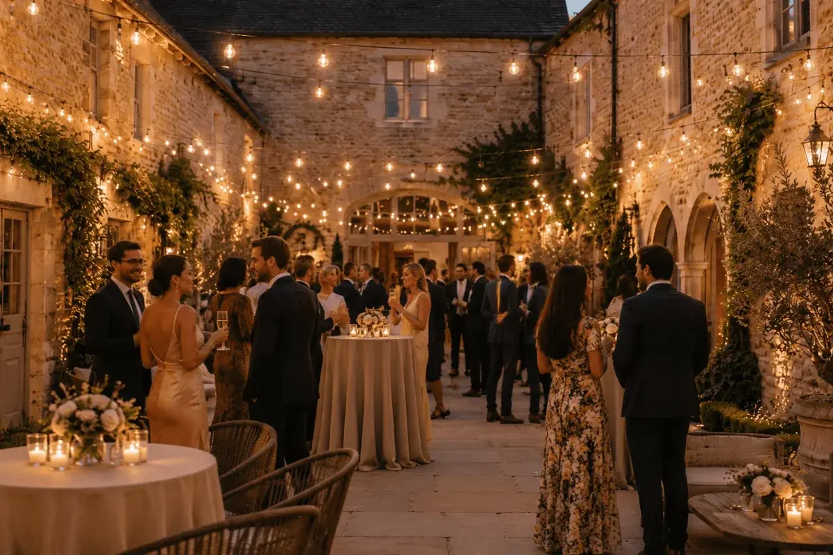 Guests enjoying drinks in the Courtyard at dusk