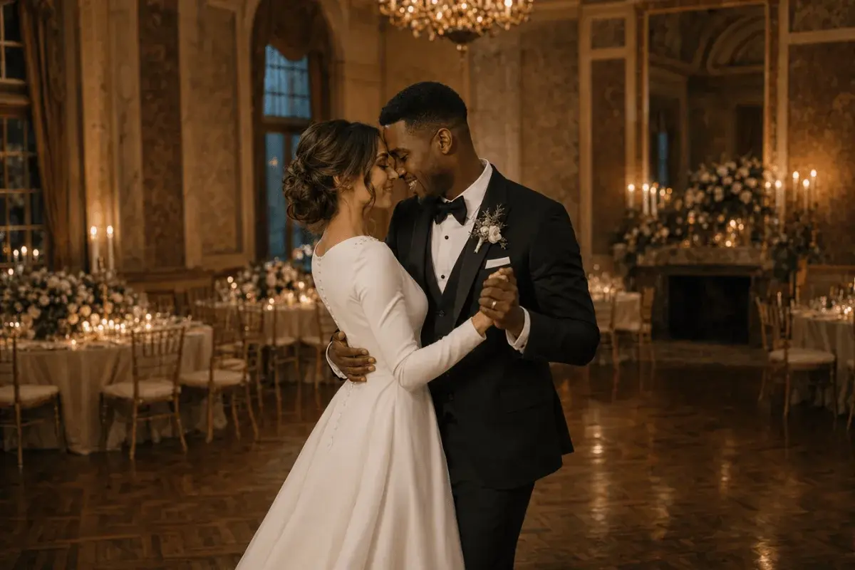 Maya and Theo by the fire in The Manor Hall, January wedding