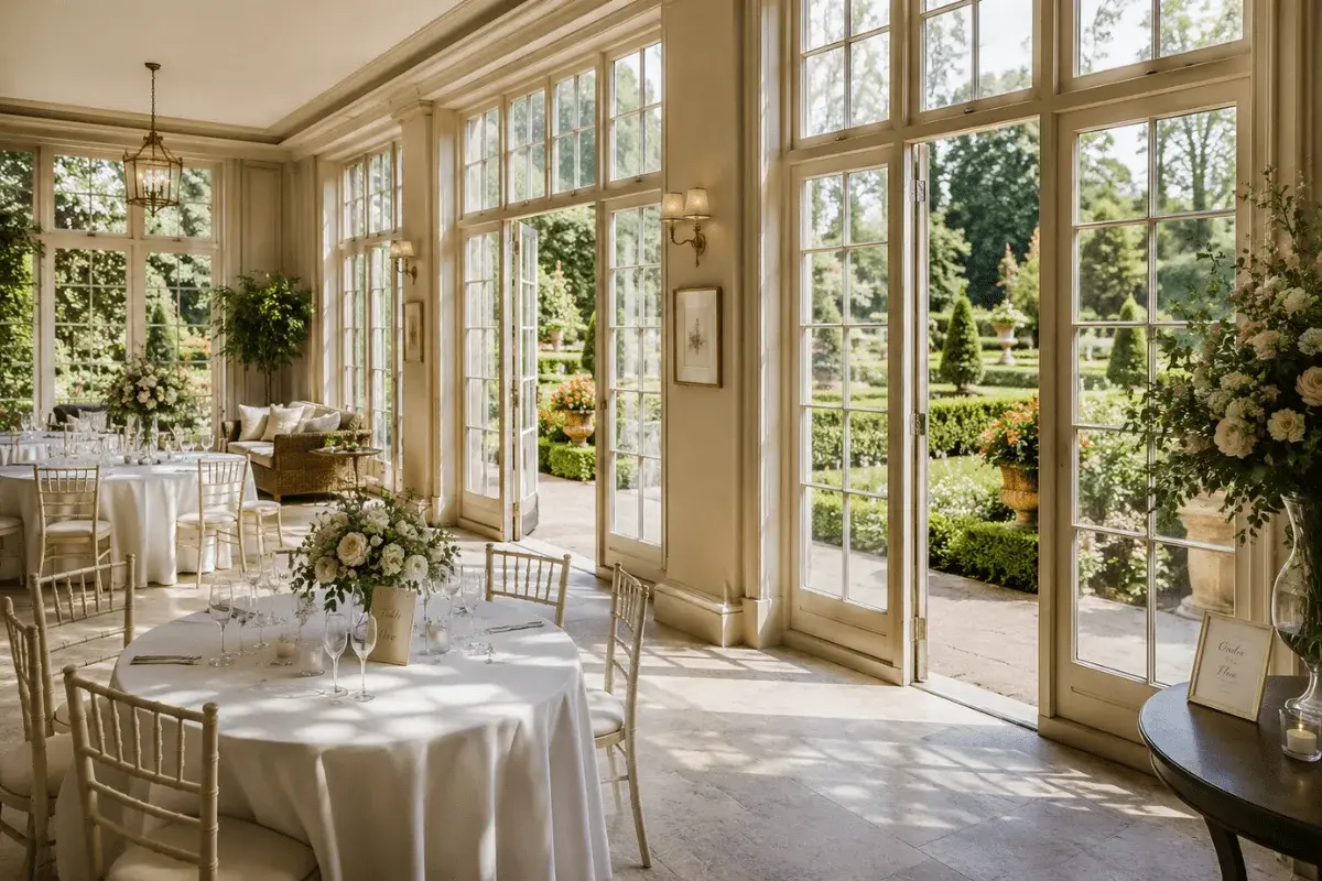 The Manor Hall with original oak panelling and a fireplace lit for a winter reception