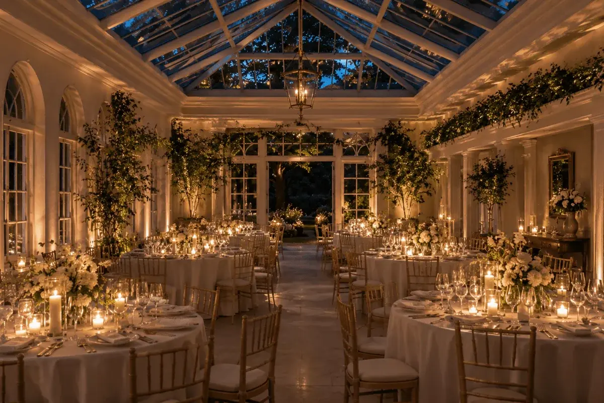 The Orangery interior with glass ceiling and botanical planting, candlelit for an evening reception