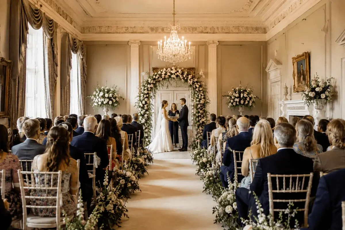 Couple standing at the ceremony space, surrounded by flowers
